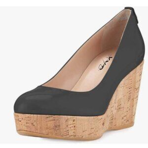 XYD Black Round Toe Wood Platform Pumps Slip On Patent Wedge Cork High Heel Shoe